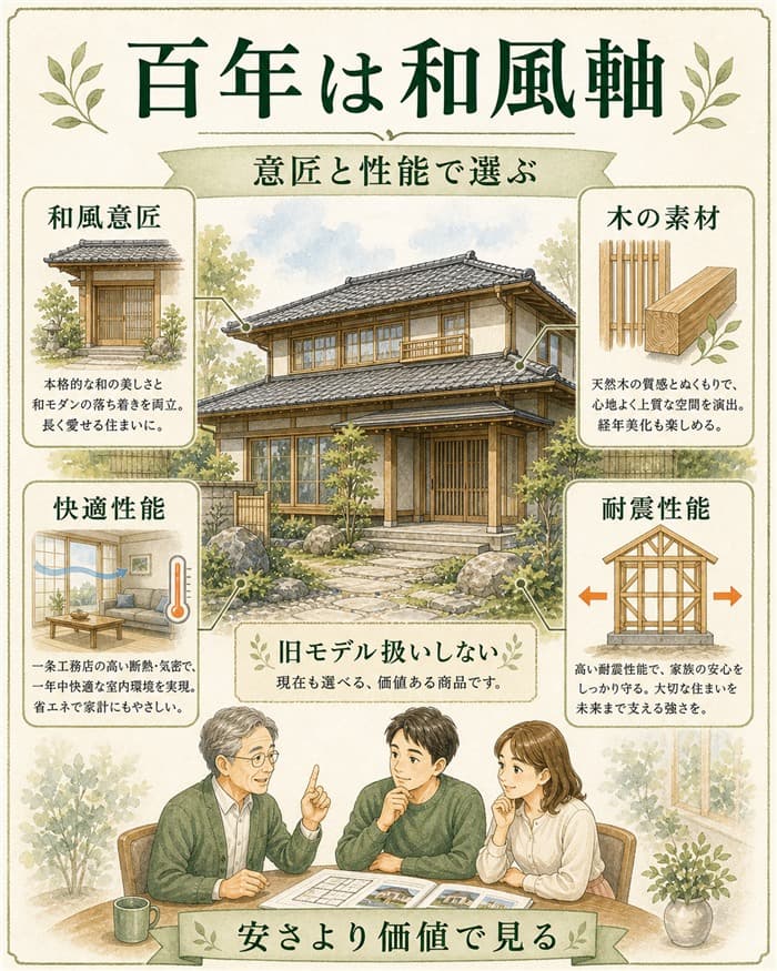 百年が和風意匠と性能で選ぶ商品だと示す図解