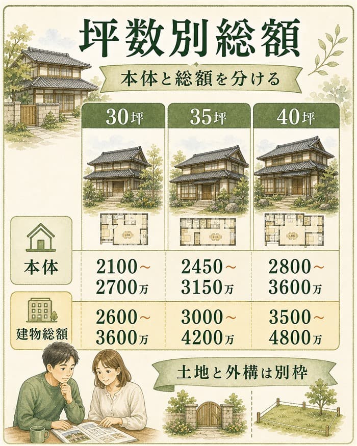 30坪35坪40坪の本体価格と建物総額比較表