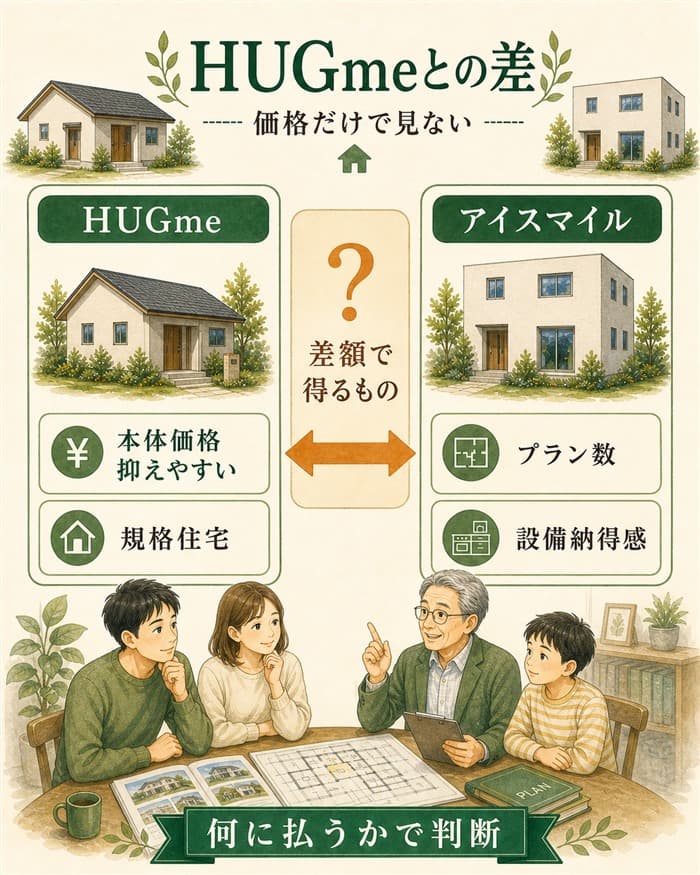 アイスマイルとHUGmeの差を選択肢と仕様で比較した図解