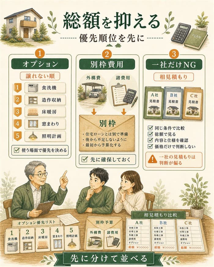 総額を抑えるためオプション外構諸費用を分ける図解