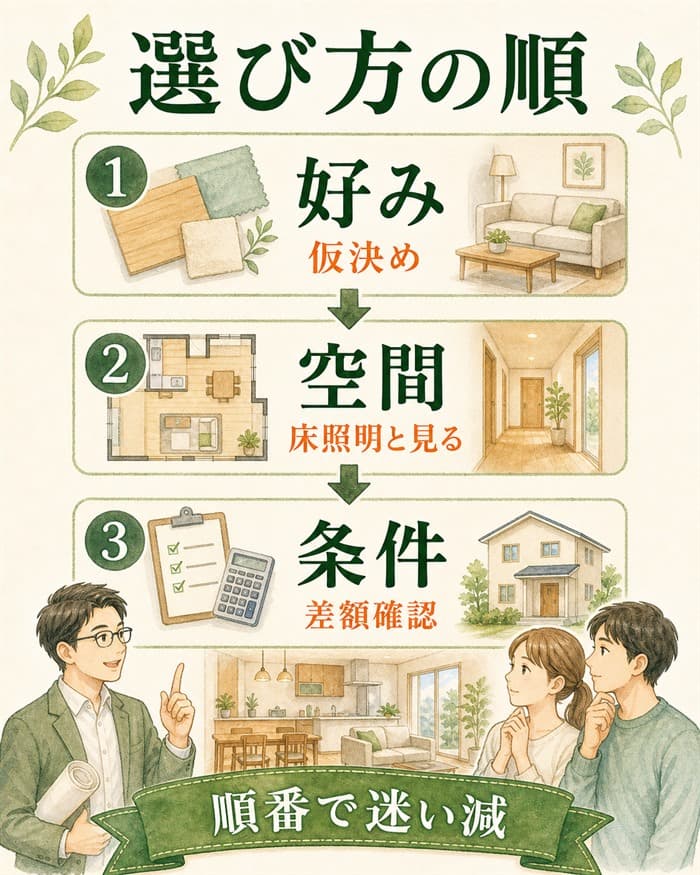 3シリーズを好み・空間・条件の順で選ぶ流れの図解