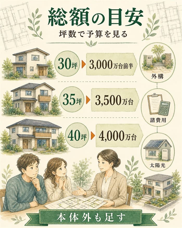 30坪から40坪までの建築総額目安を整理した住宅費用図解