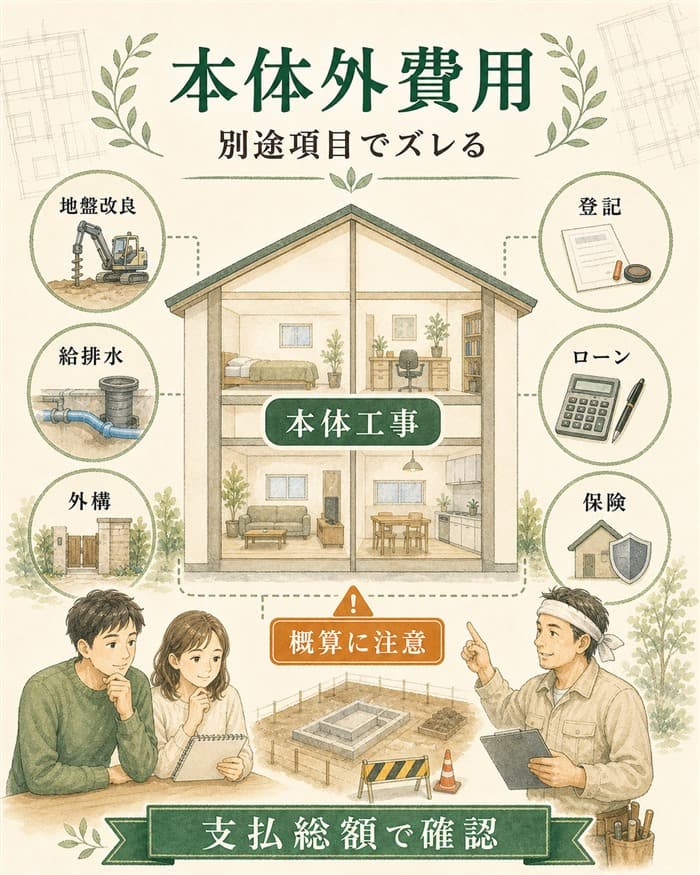 本体価格外の付帯工事や諸費用を分類した住宅費用図解