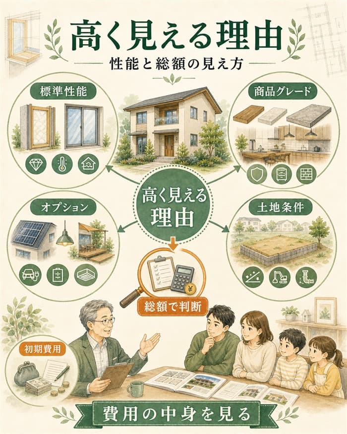 標準性能や土地条件で高く見える理由を分解した住宅図解