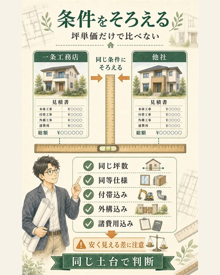 坪単価比較で総額と仕様条件をそろえる手順を示した図解