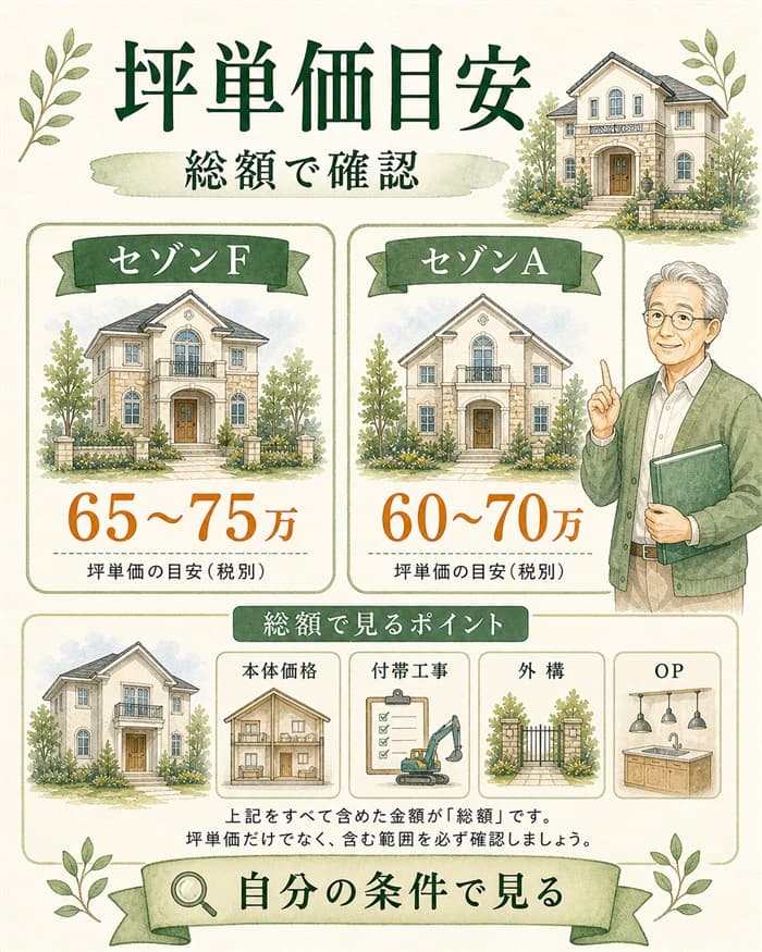 一条工務店セゾンの坪単価目安と総額確認を示した図解