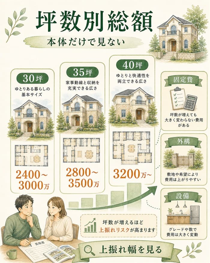 セゾンの30坪35坪40坪の総額目安を比較した図解