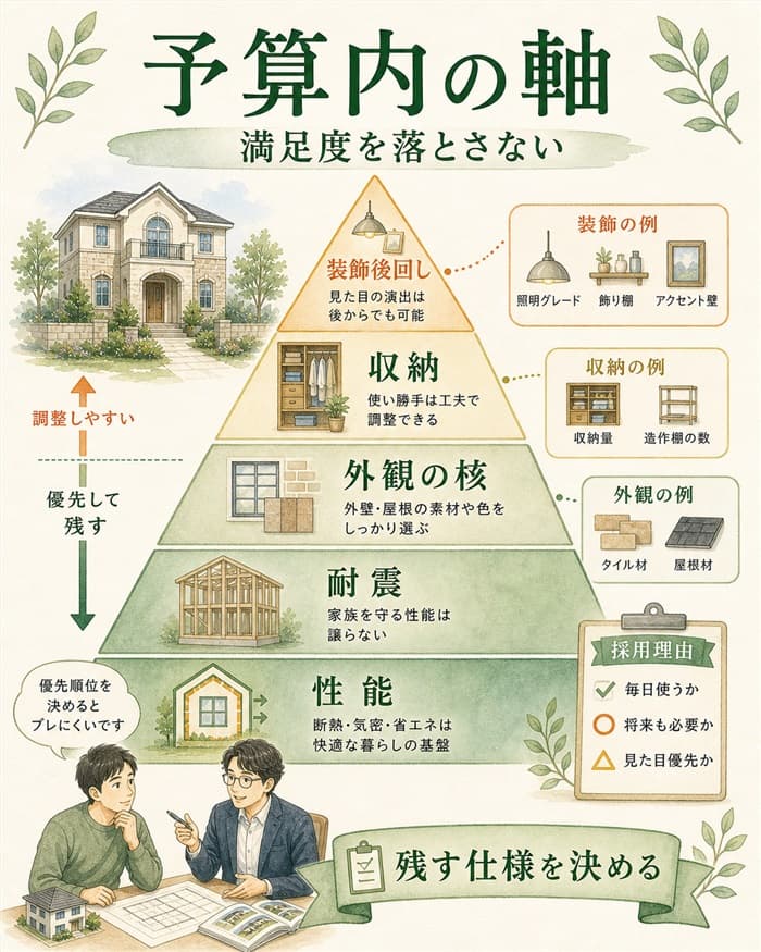 セゾンを予算内で建てるための優先順位を示した図解