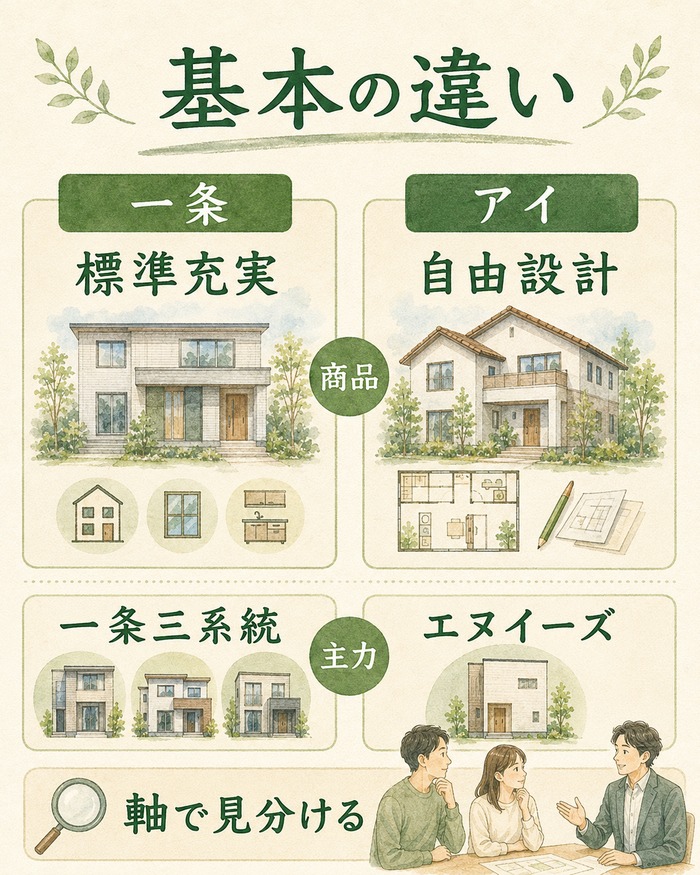 標準仕様と自由設計の違いを住宅と商品軸で整理した比較図