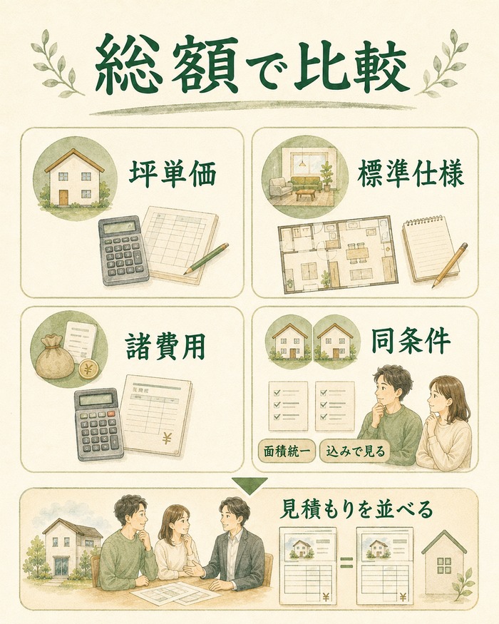 坪単価ではなく標準仕様や諸費用込みの総額で比べる図