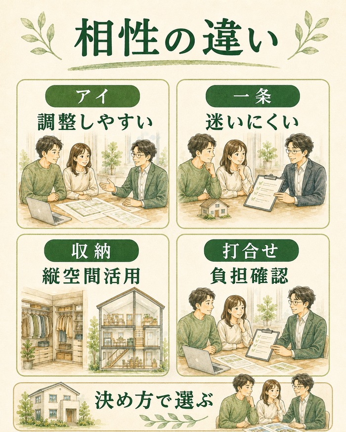 アイ工務店と一条工務店の決め方の相性を整理した図