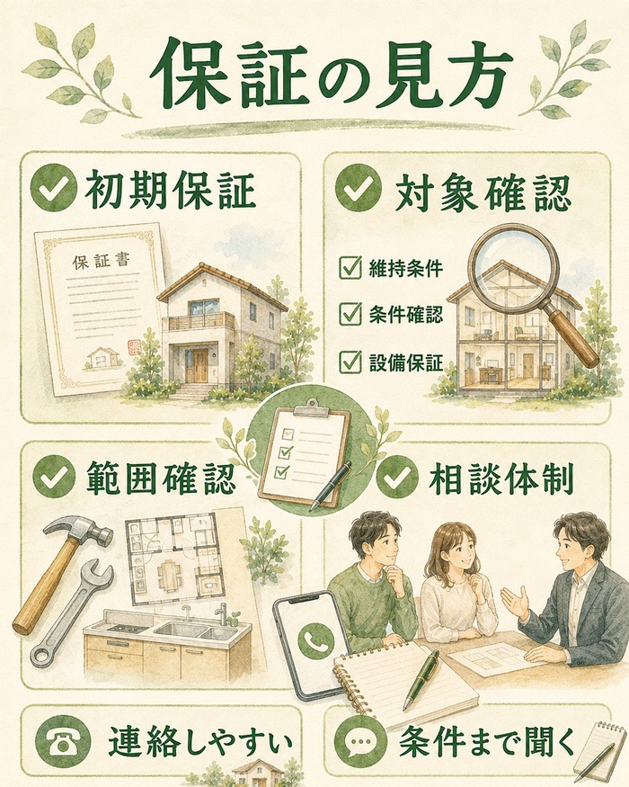 保証は対象や条件や相談体制まで確認することを示す図
