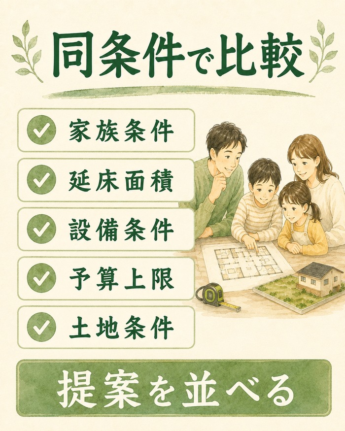 家族条件や予算など同条件で提案を並べるチェック図