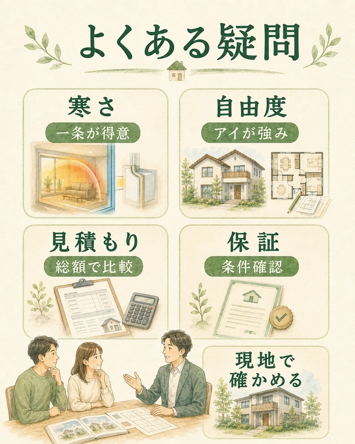 寒さ、自由度、見積もり、保証の疑問を整理した図