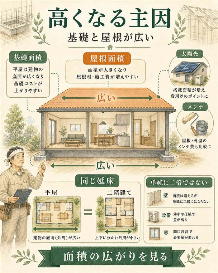 平屋価格が基礎と屋根面積で高く見える理由を示した図解