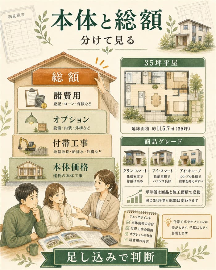 平屋価格の本体価格と総額の違いを階層で整理した図解