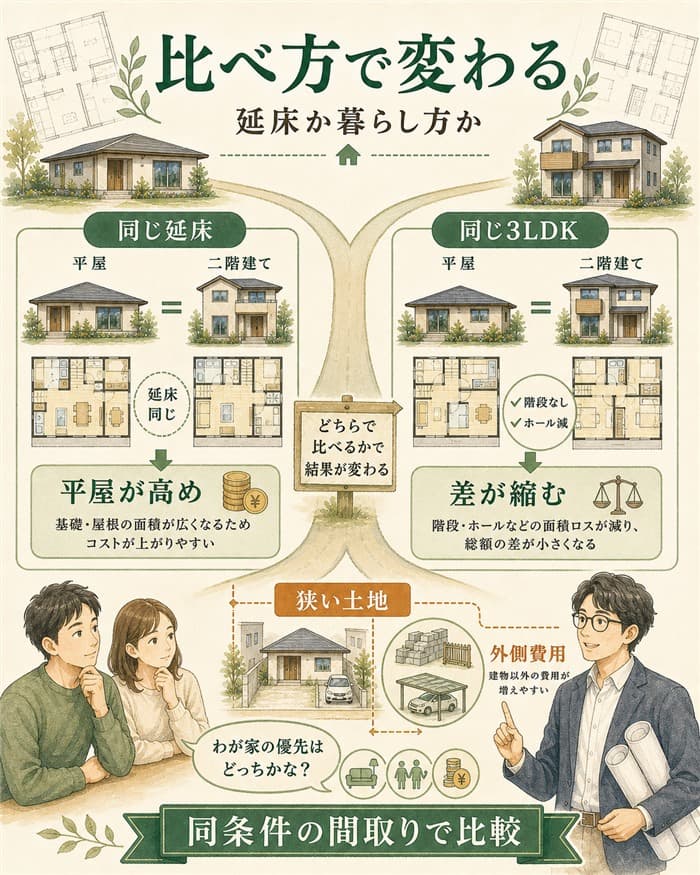 平屋と二階建ての価格差が比較条件で変わる分岐図解