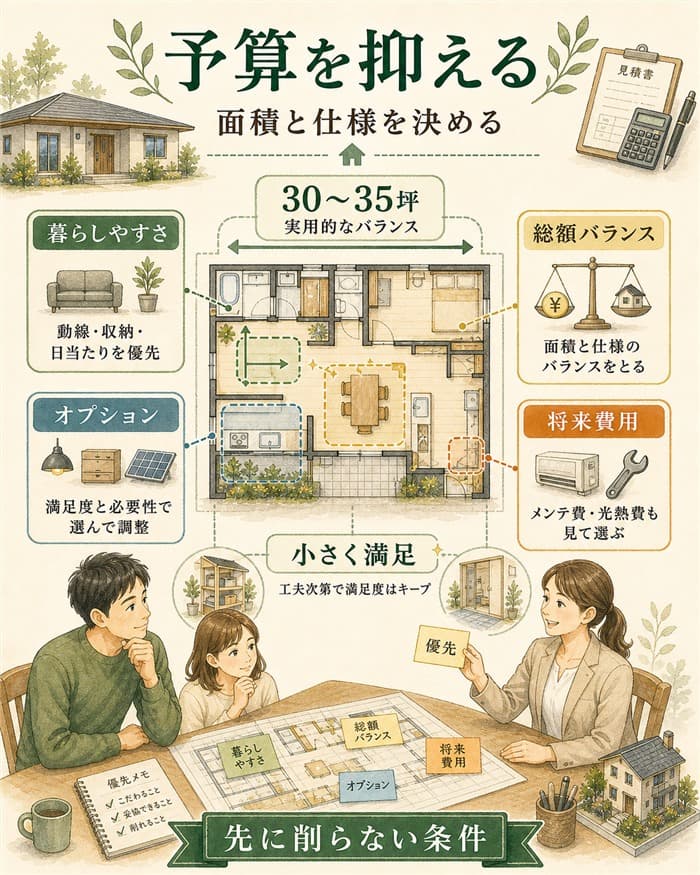 平屋で予算を抑える面積と仕様の優先順位を示した図解