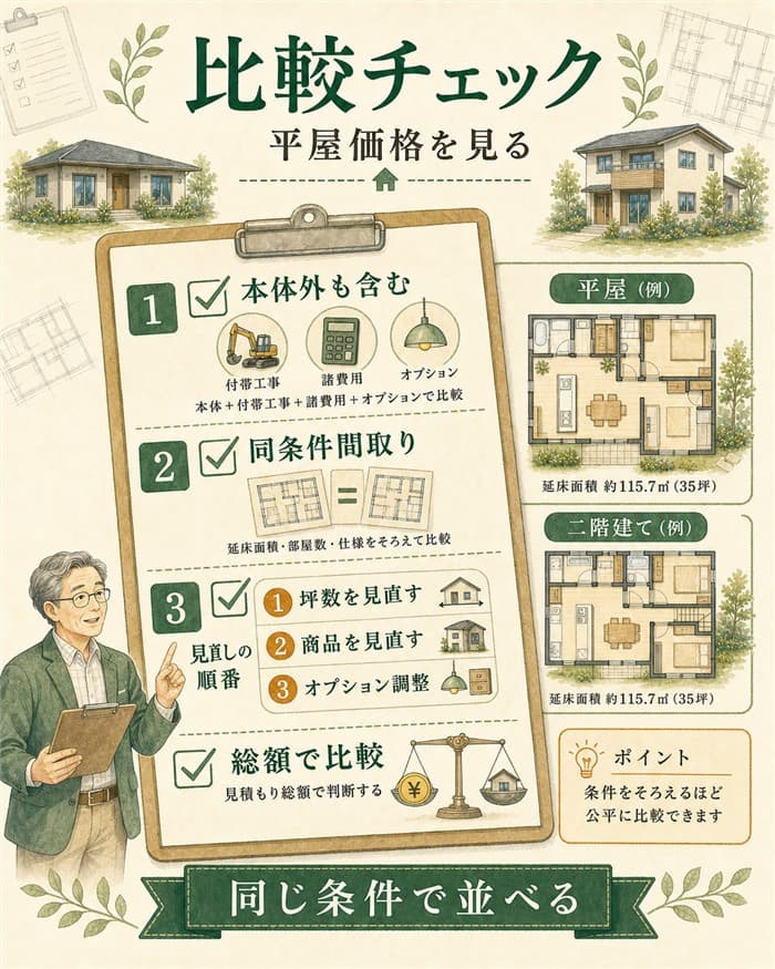 平屋価格を同条件で比較するチェック項目を整理した図解