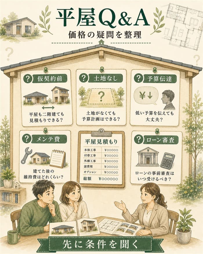 平屋価格の仮契約前や土地条件の疑問をまとめた図解