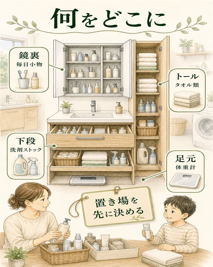 日用品と身支度用品の置き場で収納力を見る図解