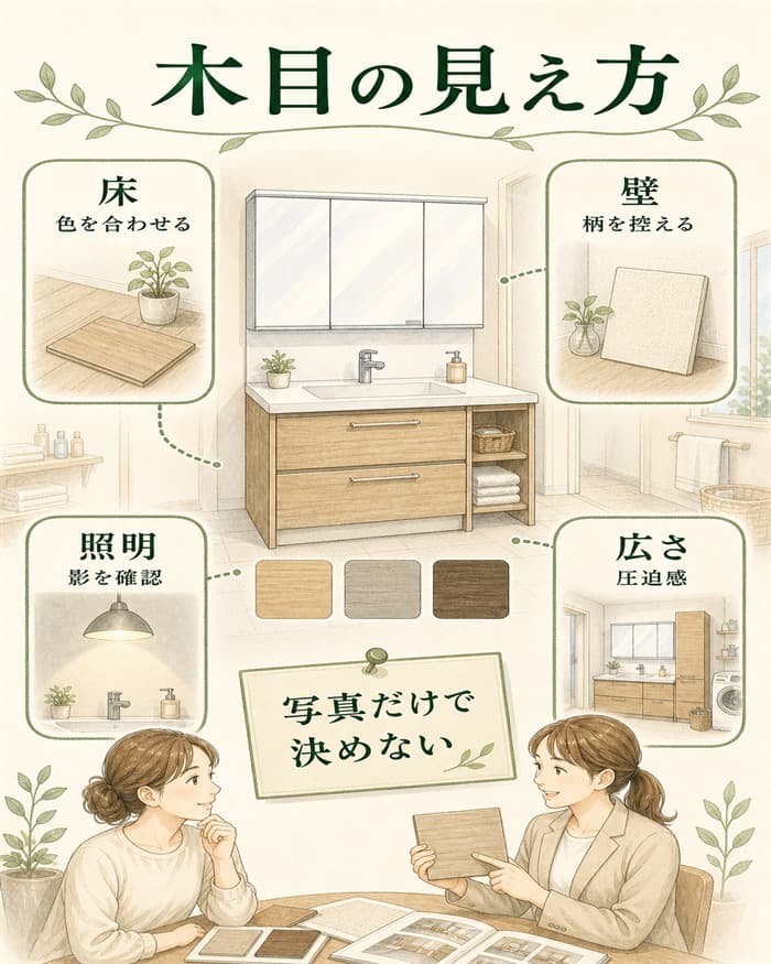 木目デザインを床や照明と合わせて確認する図解