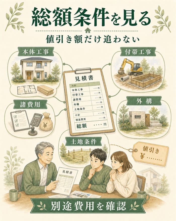 一条工務店の見積もりを総額条件で確認する図解