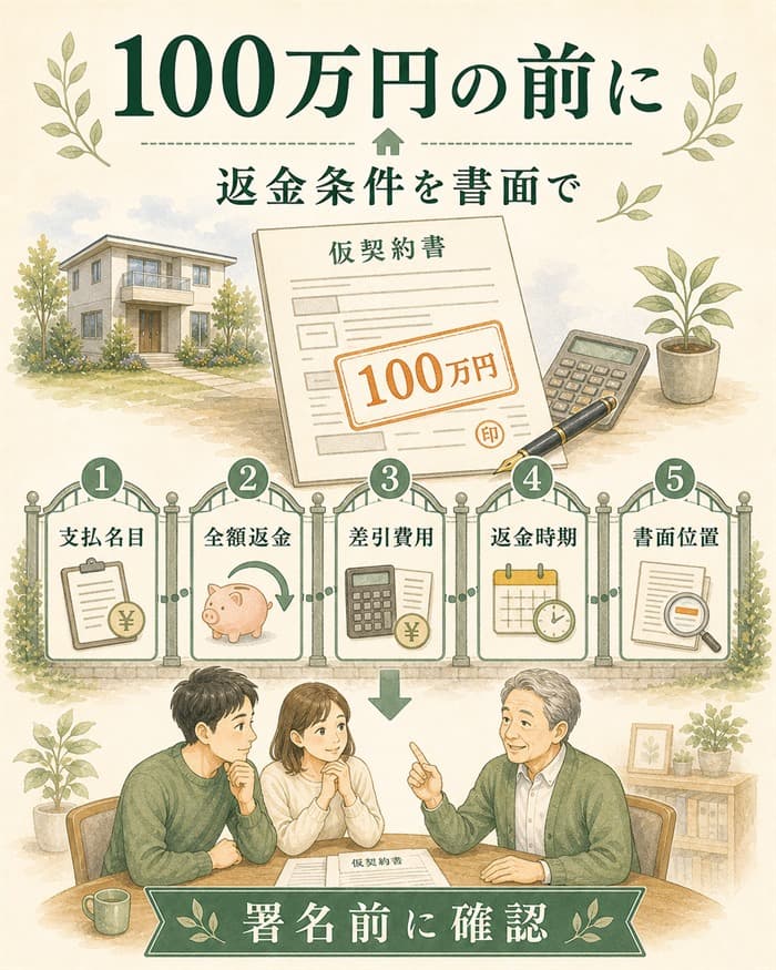 仮契約百万円の返金条件を確認する図解