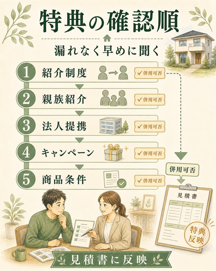 割引や特典の確認順を整理した住宅図解