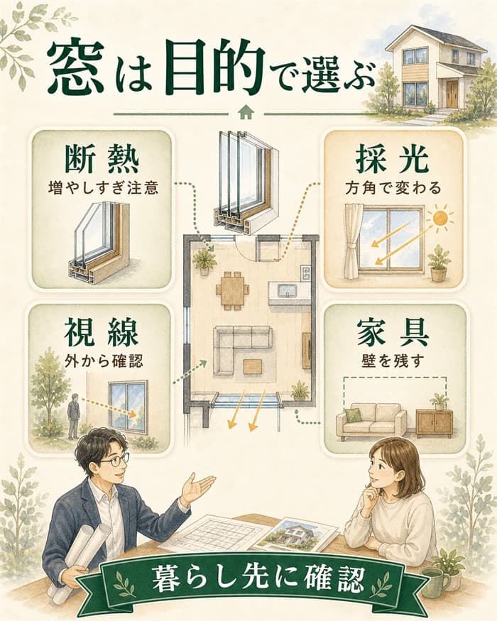 一条工務店の窓を目的から選ぶ判断軸の図解