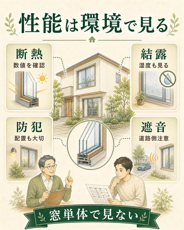 断熱や結露など窓性能を環境と合わせて見る図解