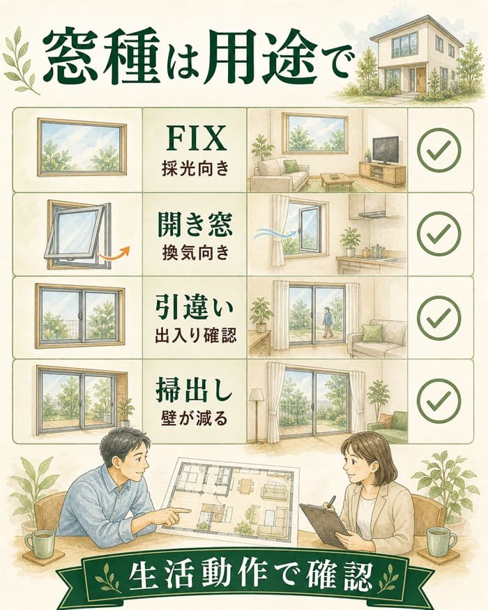 窓種を採光や換気など用途別に整理した図解
