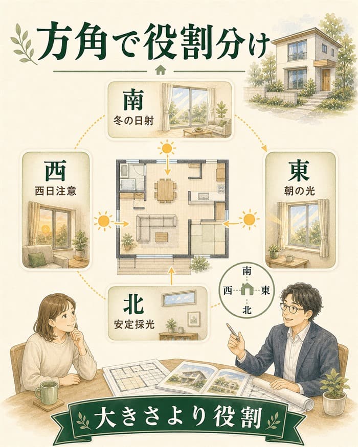 方角ごとに窓の役割を分ける採光計画の図解