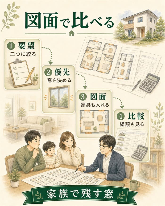 一条の図面と他社提案を比べる流れの図解