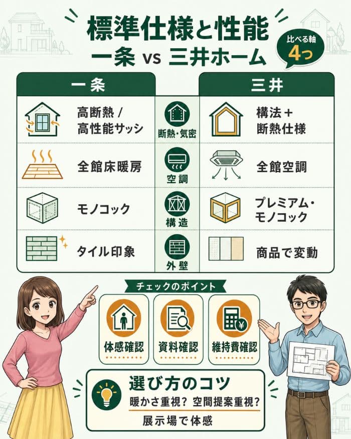 標準仕様と性能比較を4軸で整理した図解