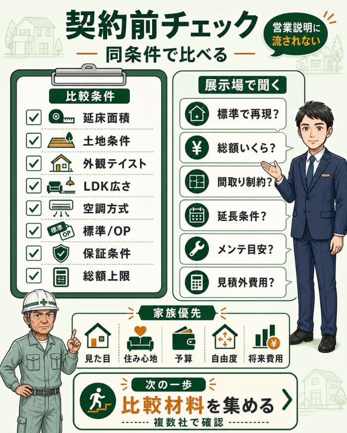 契約前に同条件で比べるチェックリスト図解