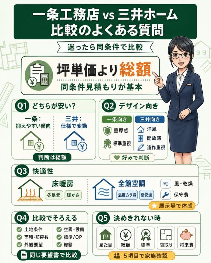 一条工務店と三井ホームのFAQ比較インフォグラフィック