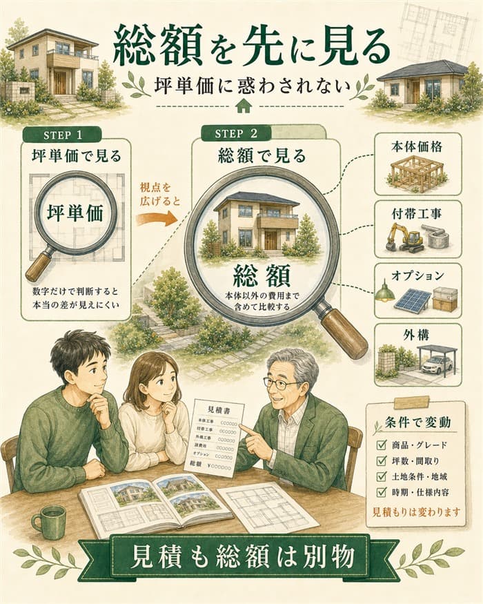 一条工務店の費用比較で坪単価より総額を見る導入図解