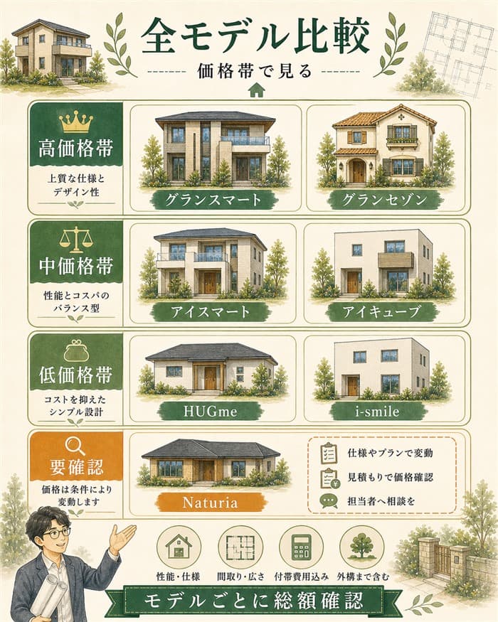 一条工務店の全モデルを価格帯別に整理した比較図解