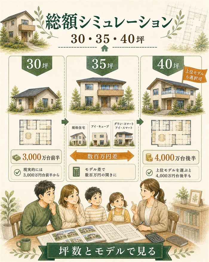 30坪35坪40坪の総額シミュレーションを示した住宅図解