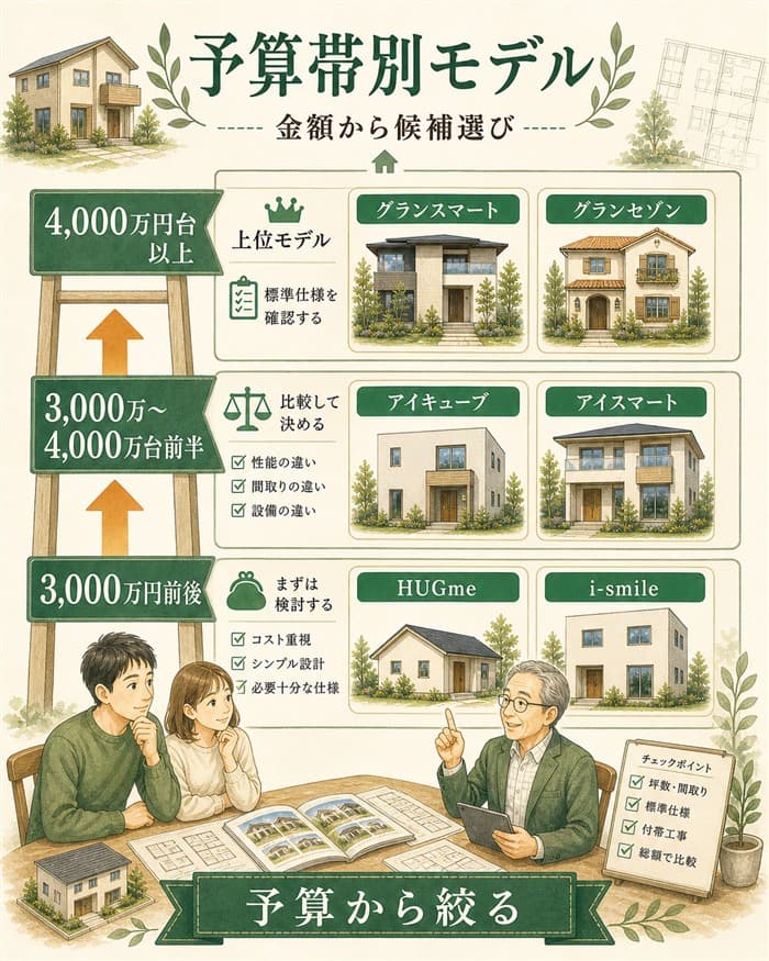 予算帯ごとの候補モデルを階段状に整理した図解