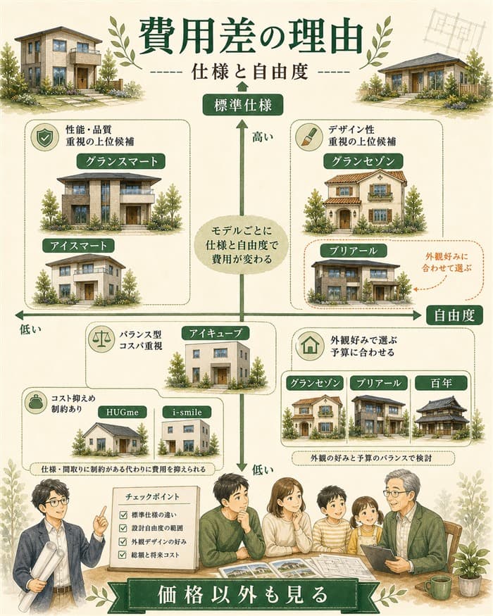 モデル別費用差を標準仕様と自由度で見る軸整理図解