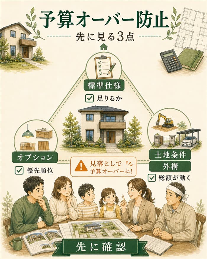 予算オーバーを防ぐ標準仕様オプション土地外構の図解