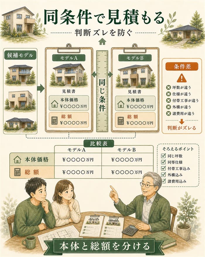 候補モデルを同条件で見積もり本体と総額を比べる図解