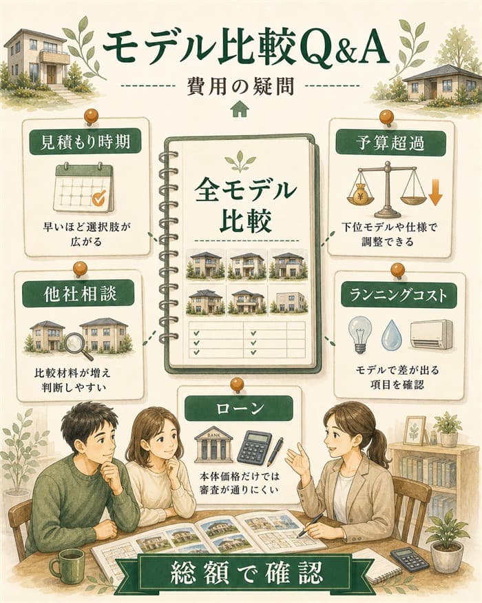 全モデル費用比較の見積もり時期やローン疑問を整理した図解