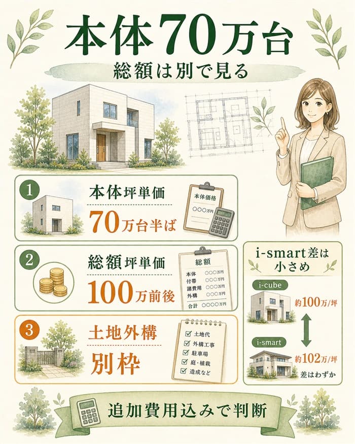 アイキューブの本体坪単価と総額坪単価の違いを示した図解