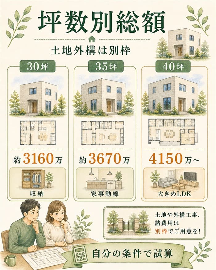 アイキューブの30坪35坪40坪の総額目安を比較した図解