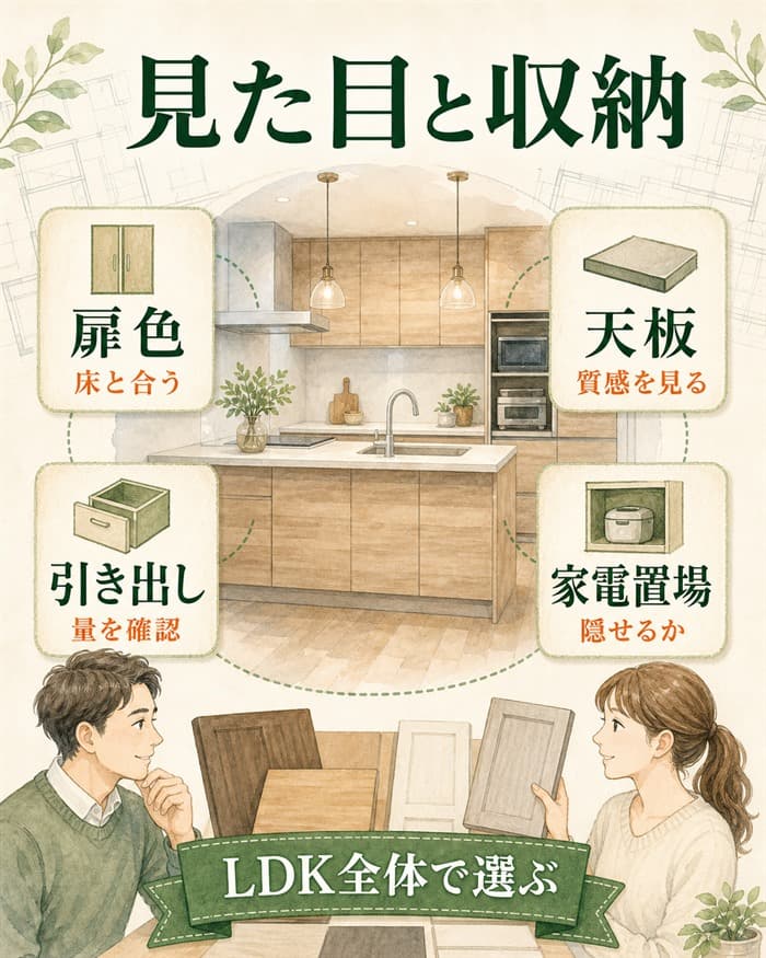 グレイスキッチンの見た目と収納を同時に確認する図解