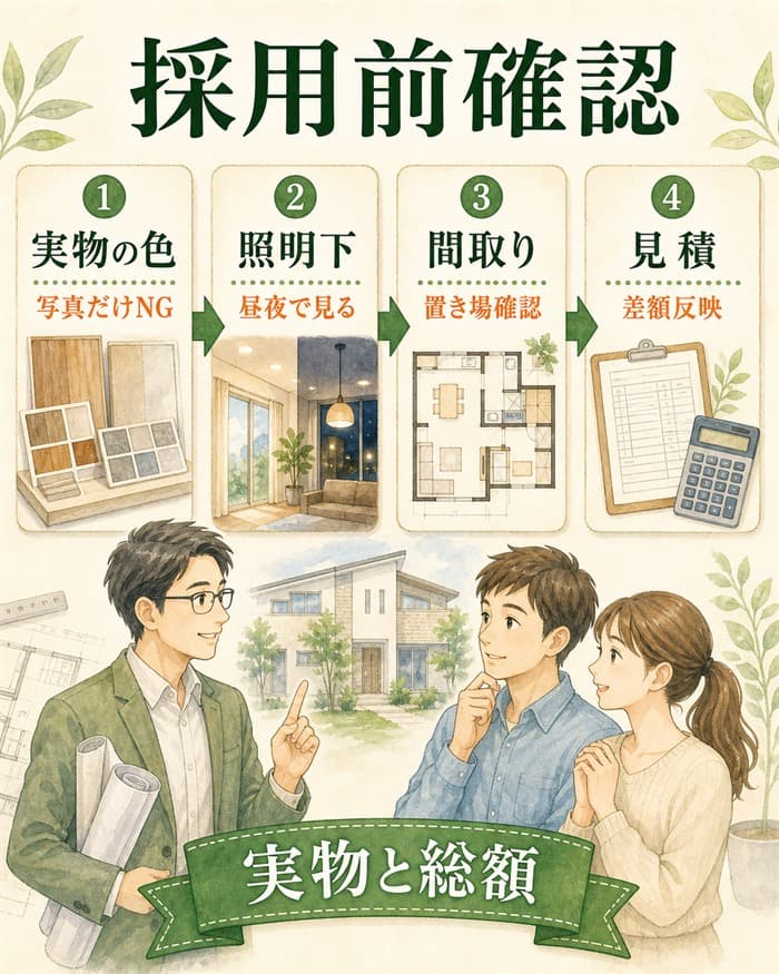 採用前に展示場と見積もりで確認する流れの図解