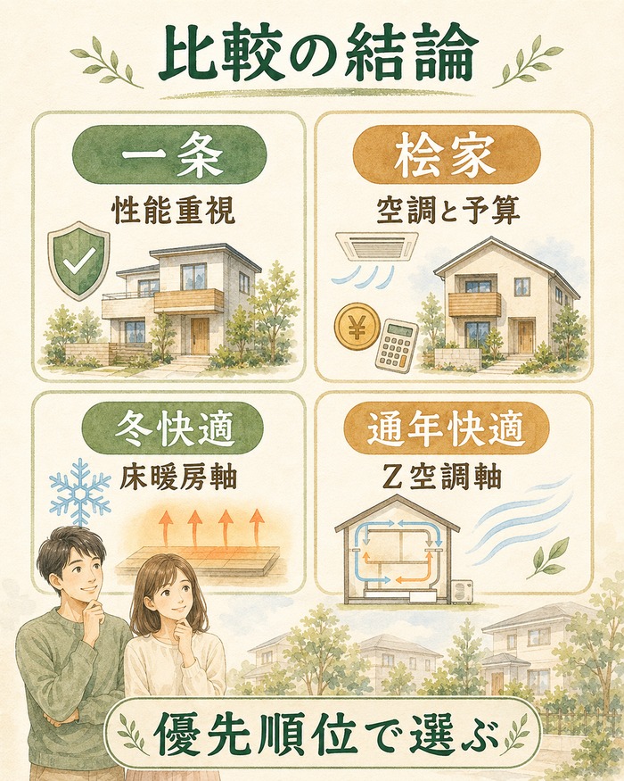 一条工務店と桧家住宅の比較結論を、性能重視・空調と予算・冬快適・通年快適の4軸で整理したインフォグラフィック。